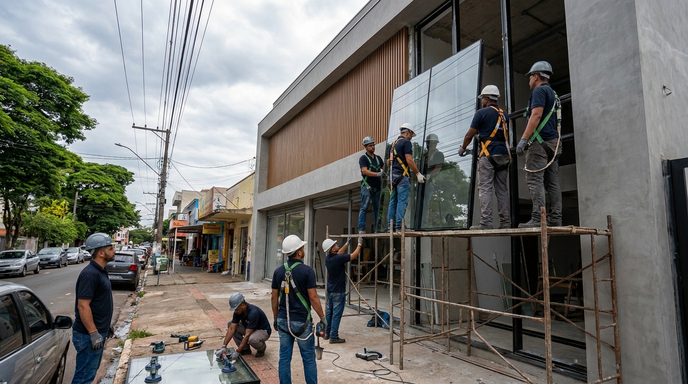Fachada de vidro com andaime lateral em Brasília-DF