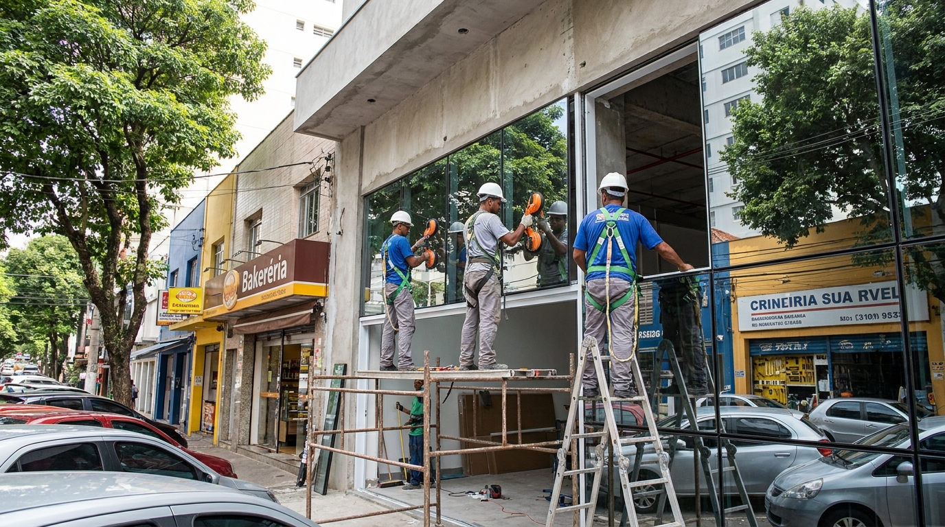 Fachada de vidro com confeitaria vizinha em Brasília-DF