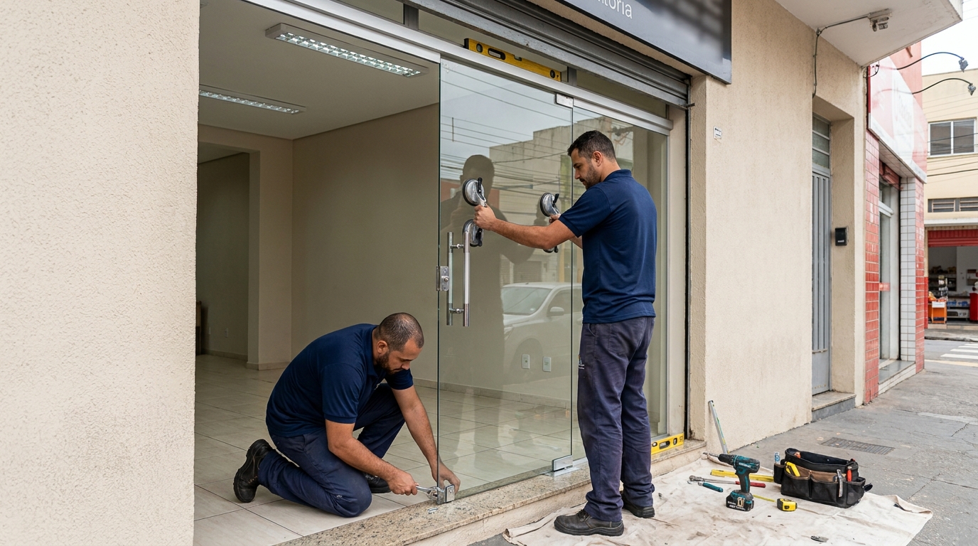 Porta de vidro com puxador inox em Brasília-DF